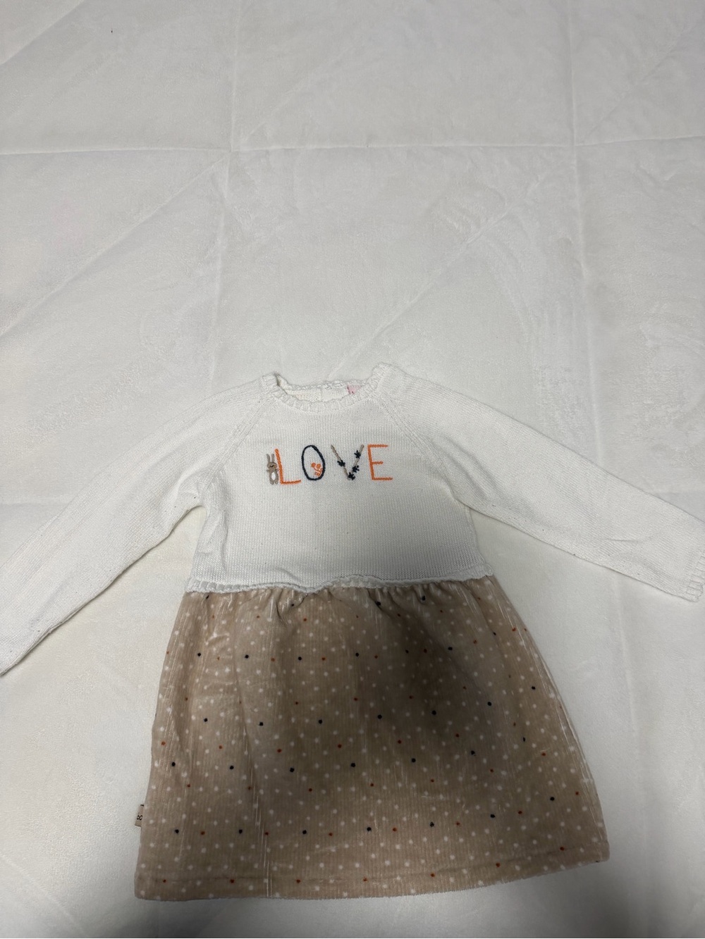 Girls' White Knit Top with Beige Polka Dot Skirt - LOVE Embroidered